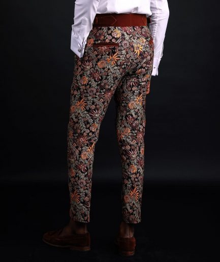 A pencil-cut, brown-mix metallic floral jacquard side strap with metal adjuster pant