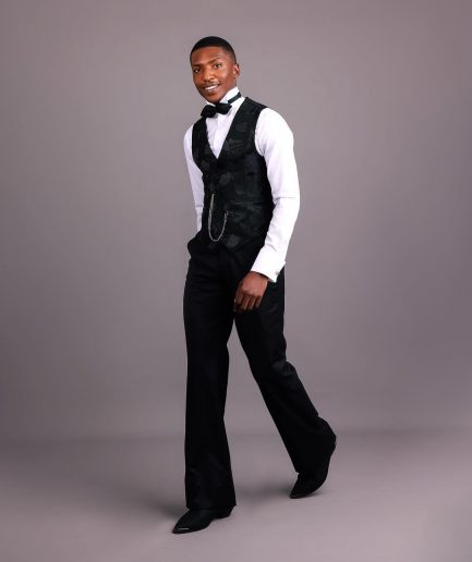 A Charcoal Black, Root & Scattered Shape Jacquard Half Double Breasted Waistcoat.
