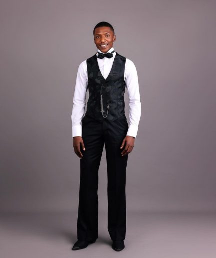 A Charcoal Black, Root & Scattered Shape Jacquard Half Double Breasted Waistcoat.