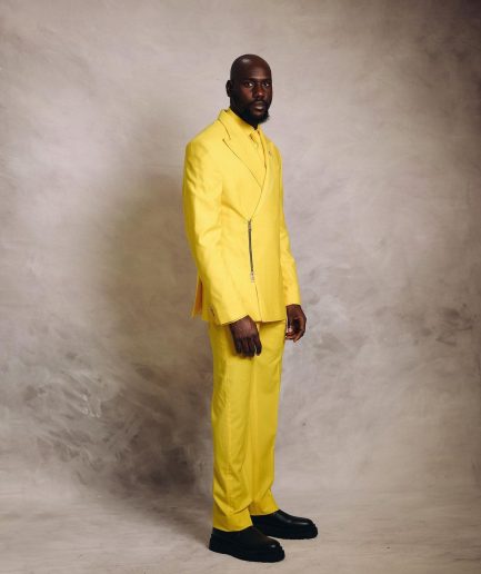 A Monochrome Yellow “Panther” Wrap Peak Lapel Suit