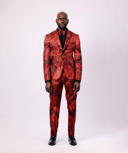 A Mahogany Red “Black Tears” Inverted Pattern Peak Lapel Jacquard Suit