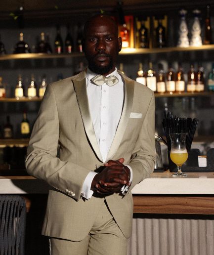 A Trout Grey, “Mixologist”, Knitted, Single Button, Peak Lapel, Double-Breasted Tuxedo Suit.