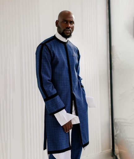 A Tattersall Check, Blue & Black “Manthis” With Black Velvet Taping Kimono