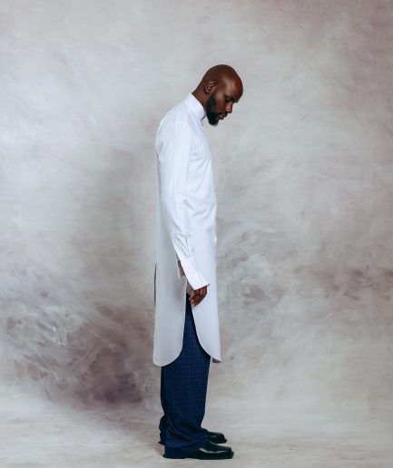 A White Hand Slide Extra Long Bishop Neck Shirt