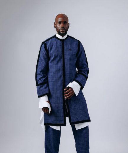 A Tattersall Check, Blue & Black “Manthis” With Black Velvet Taping Kimono