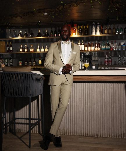 A Trout Grey, “Mixologist”, Knitted, Single Button, Peak Lapel, Double-Breasted Tuxedo Suit.