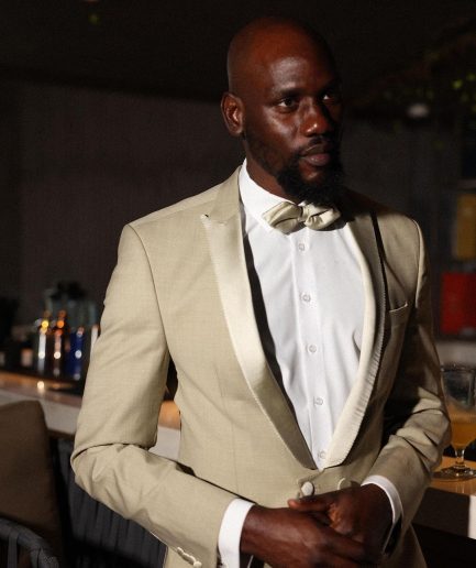 A Trout Grey, “Mixologist”, Knitted, Single Button, Peak Lapel, Double-Breasted Tuxedo Suit.