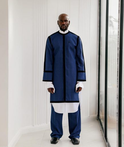 A Tattersall Check, Blue & Black “Manthis” With Black Velvet Taping Kimono