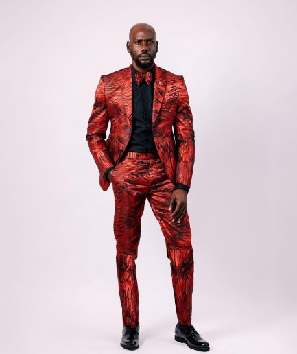 A Mahogany Red “Black Tears” Inverted Pattern Peak Lapel Jacquard Suit