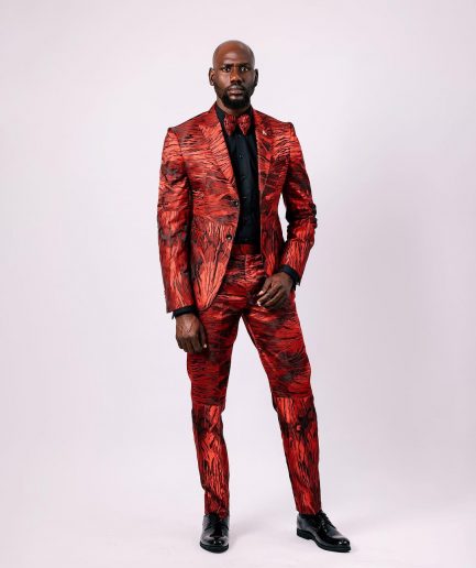 A Mahogany Red “Black Tears” Inverted Pattern Peak Lapel Jacquard Suit