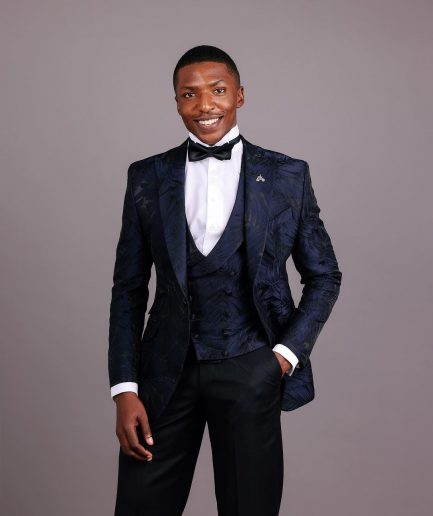 A Midnight Blue, Root and Splashed Plant Print Jacquard Peak Lapel Suit