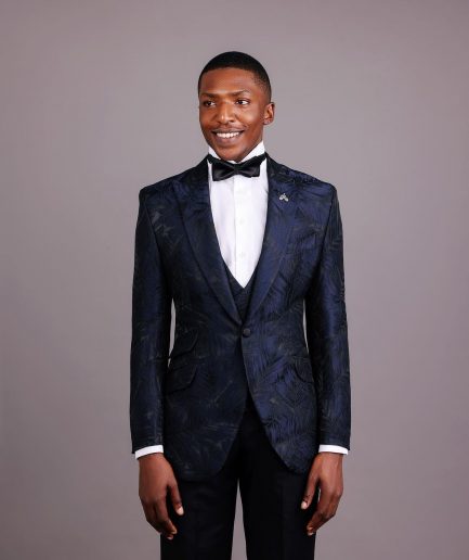 A Midnight Blue, Root and Splashed Plant Print Jacquard Peak Lapel Suit