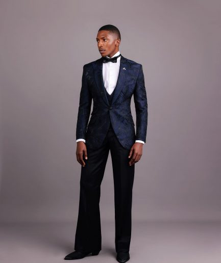 A Midnight Blue, Root and Splashed Plant Print Jacquard Peak Lapel Suit