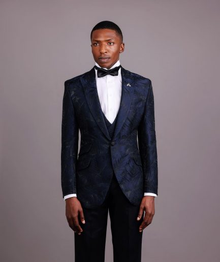 A Midnight Blue, Root and Splashed Plant Print Jacquard Peak Lapel Suit