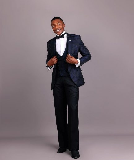 A Midnight Blue, Root and Splashed Plant Print Jacquard Peak Lapel Suit