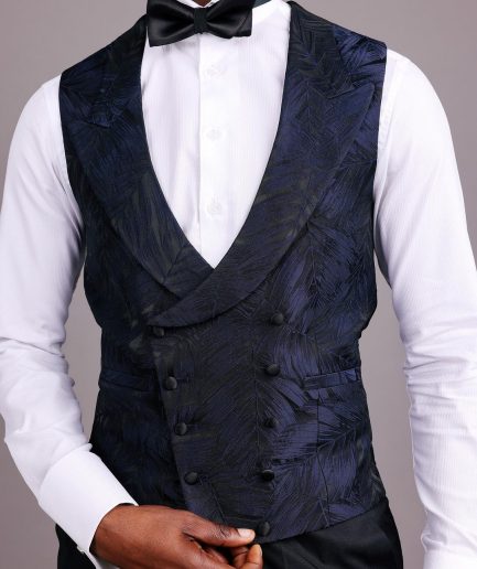 A Midnight Blue, Root and Splashed Plant Print Jacquard Peak Lapel Suit