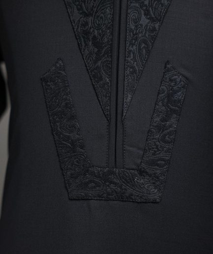 A Charcoal Black, Zip Line With Ocean Element Jacquard Details 3/4 Sleeve African Senator Kaftan Native.