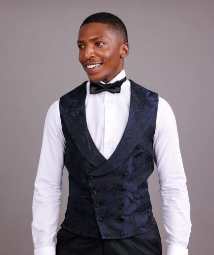 A Midnight Blue, Root and Splashed Plant Print Jacquard Peak Lapel Suit