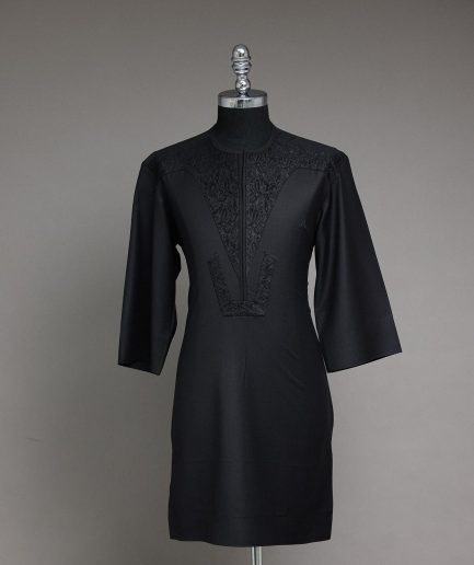 A Charcoal Black, Zip Line With Ocean Element Jacquard Details 3/4 Sleeve African Senator Kaftan Native.