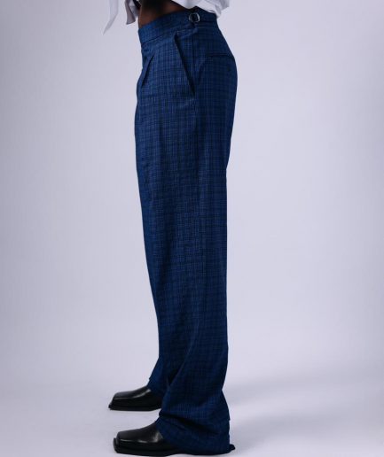 A Tattersall Check, Blue & Black, Extra Long Wide-Cut Pant Trouser.