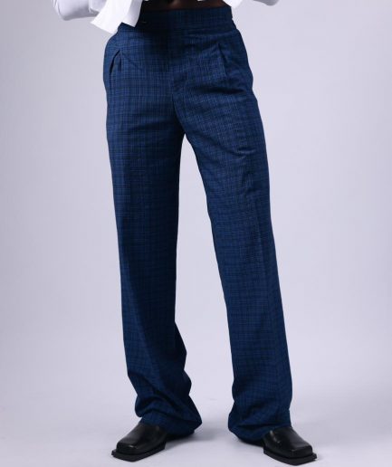 A Tattersall Check, Blue & Black, Extra Long Wide-Cut Pant Trouser.