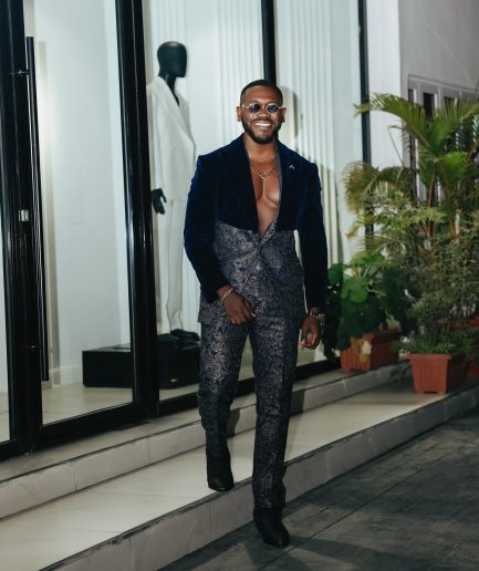 The “Gifted” Navy Blue Half-Cut Jacket & Silver Wire Metallic Jacquard Armless Peak Lapel Suit
