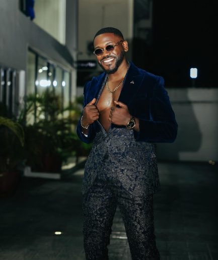 The “Gifted” Navy Blue Half-Cut Jacket & Silver Wire Metallic Jacquard Armless Peak Lapel Suit