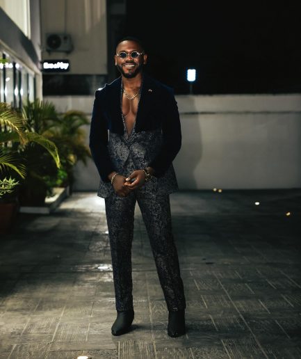 The “Gifted” Navy Blue Half-Cut Jacket & Silver Wire Metallic Jacquard Armless Peak Lapel Suit