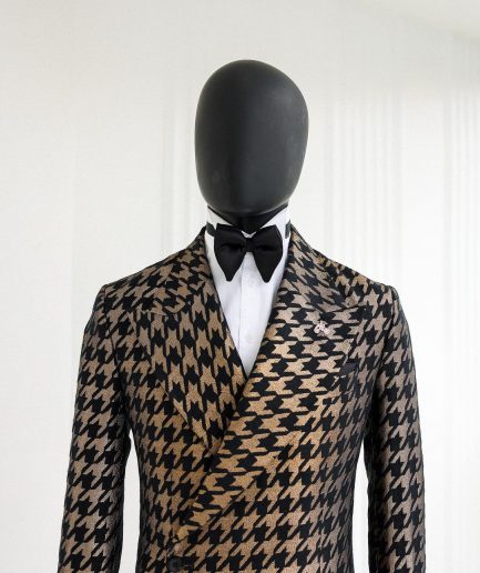 A Gold & Black, Houndstooth Check, Peak Lapel, Front Cut Trench Jacquard Suit