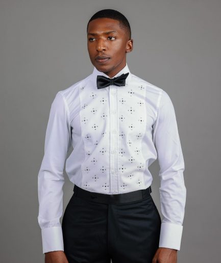 A White, Tuxedo Shirt With Dotted Front, Crystal & Black Swarovski Stone Detailing.