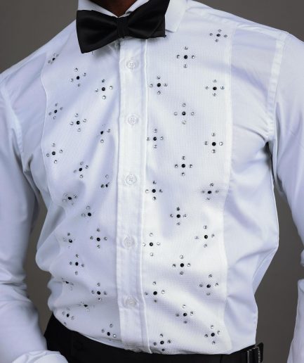 A White, Tuxedo Shirt With Dotted Front, Crystal & Black Swarovski Stone Detailing.