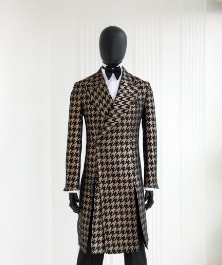 A Gold & Black, Houndstooth Check, Peak Lapel, Front Cut Trench Jacquard Suit