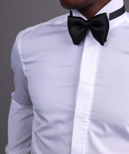 A White, Layered Stripe, Covered Buttons Tuxedo Shirt.