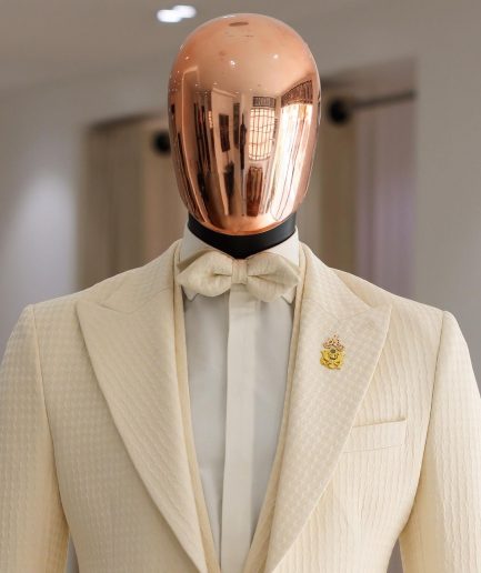 A Cream-White Peak Lapel, Stuffed Or Slanted Square-Patterned Jacquard Jacket.