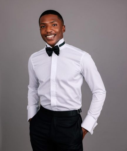 A White, Layered Stripe, Covered Buttons Tuxedo Shirt.
