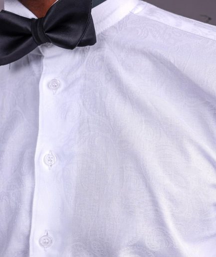 A White, Covered Button, Connected Paisley Print English Spread Collar Tuxedo Shirt.
