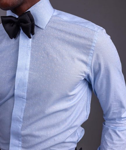 A Sky Blue, Covered Button, Connected Paisley Print Tuxedo Shirt.
