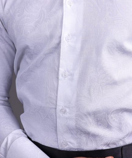 A White, Covered Button, Connected Paisley Print English Spread Collar Tuxedo Shirt.