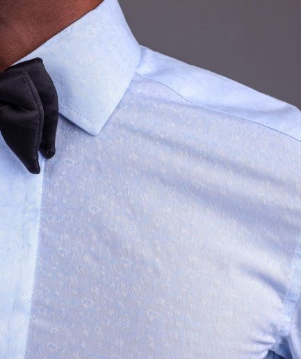 A Sky Blue, Covered Button, Connected Paisley Print Tuxedo Shirt.