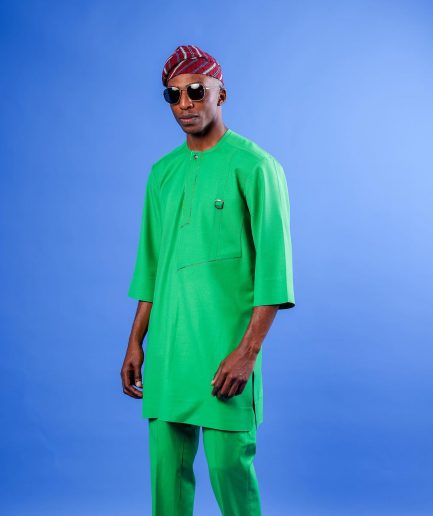 A Cool Green, Double Left Panel With Metal Buckle Details, 3/4 Sleeve African Senator Kaftan Native