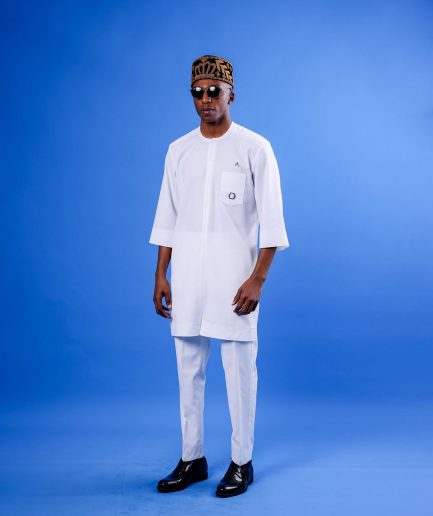 A White, Mid-Slit, Zip Line With Metal Buckle Details, 3/4 Sleeve African Senator Kaftan Native.