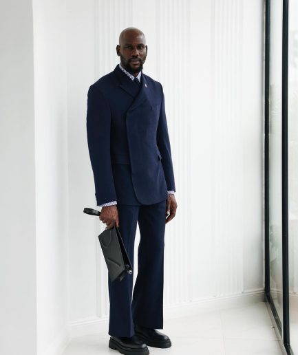 A Navy Blue, Seersucker, “Herd” Warp Peak Lapel Suit.