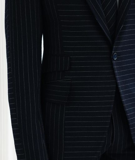A Navy Blue, Seersucker, Reversed Pin Stripe Peak Lapel Suit
