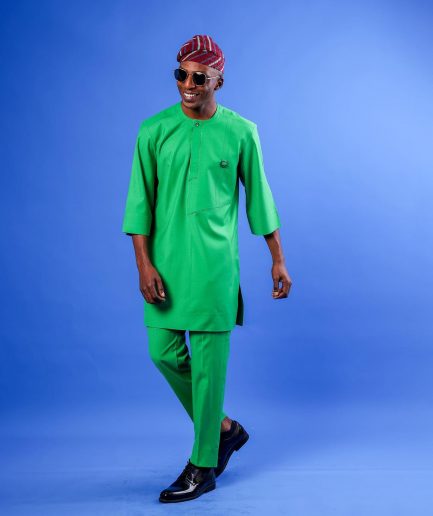 A Cool Green, Double Left Panel With Metal Buckle Details, 3/4 Sleeve African Senator Kaftan Native