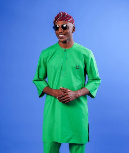 A Cool Green, Double Left Panel With Metal Buckle Details, 3/4 Sleeve African Senator Kaftan Native