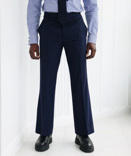 A Navy Blue, Seer Sucker, Wide Cut Pant With Side Metal Adjuster