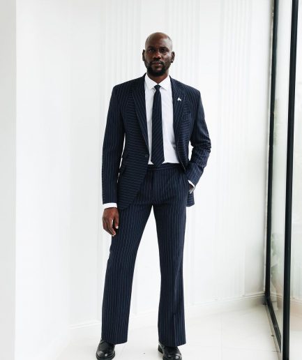 A Navy Blue, Seersucker, Reversed Pin Stripe Peak Lapel Suit