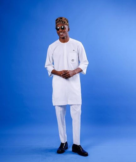 A White, Mid-Slit, Zip Line With Metal Buckle Details, 3/4 Sleeve African Senator Kaftan Native.