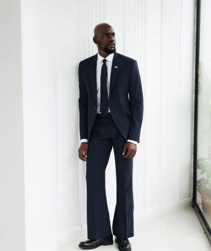 A Navy Blue, Seersucker, Reversed Pin Stripe Peak Lapel Suit