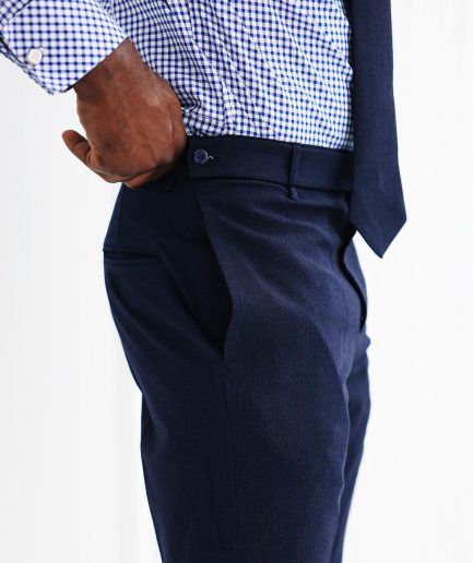 A Navy Blue, Seer Sucker, Wide Cut Pant With Side Metal Adjuster